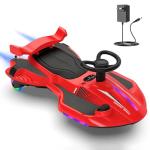 12V Electric Wiggle Car with Pedal for Kids, Rechargeable 2 in 1 Swing Car, Drifting Ride On Toys with Backrest, Anti-Rollover, Spray, Flashing Light, Music, for Ages 3 and Up, 150 Lbs (Red-Black)