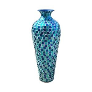 DecorShore Mosaic 20 Inch Decorative Tall Floor Vase, for Home Decor Geometric Pattern Metal Vase with Glass Mosaic- Blue and Turquoise Tessellation Pattern