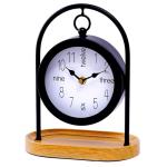 Metal Black Farmhouse Desk Clock with Wooden Base, Decorative Table Clock for Living Room, Silent Mantel Clocks Shelf Decor Battery Operated, 10 x 8 x 4.5 Inches, Black