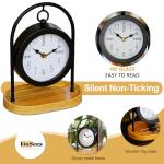 Metal Black Farmhouse Desk Clock with Wooden Base, Decorative Table Clock for Living Room, Silent Mantel Clocks Shelf Decor Battery Operated, 10 x 8 x 4.5 Inches, Black