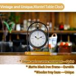 Metal Black Farmhouse Desk Clock with Wooden Base, Decorative Table Clock for Living Room, Silent Mantel Clocks Shelf Decor Battery Operated, 10 x 8 x 4.5 Inches, Black