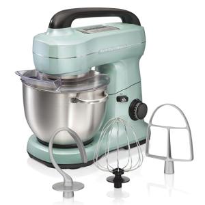 Hamilton Beach Electric Stand Mixer, 4 Quarts, Dough Hook, Flat Beater Attachments, Splash Guard, 7 Speeds with Whisk, Easy-Carry Top Handle, Aqua