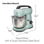 Hamilton Beach Electric Stand Mixer, 4 Quarts, Dough Hook, Flat Beater Attachments, Splash Guard, 7 Speeds with Whisk, Easy-Carry Top Handle, Aqua