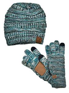 C.C Unisex Soft Stretch Cable Knit Beanie and Anti-Slip Touchscreen Gloves 2 Pc Set, 3 Tone Teal
