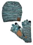 C.C Unisex Soft Stretch Cable Knit Beanie and Anti-Slip Touchscreen Gloves 2 Pc Set, 3 Tone Teal