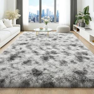 HQAYW 8x10 Fluffy Tie-Dyed Grey White Area Rugs for Living Room Bedroom, Large Ultra Soft Plush Shaggy Bedside Rug, Non-Slip and Machine Washable Carpet for Dorm Nursery Classroom Home Decor