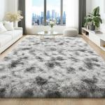 HQAYW 8x10 Fluffy Tie-Dyed Grey White Area Rugs for Living Room Bedroom, Large Ultra Soft Plush Shaggy Bedside Rug, Non-Slip and Machine Washable Carpet for Dorm Nursery Classroom Home Decor