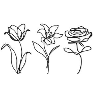 Metal Flowers Wall Decor 3 Pcs 10 Inches Wrought Iron Vases Wall Decor for Living Room Accent Wall Art for Bedroom Large Modern Home Flowers Wall Sculpture, Black, Rose Lily