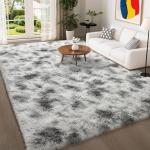 HQAYW 8x10 Fluffy Tie-Dyed Grey White Area Rugs for Living Room Bedroom, Large Ultra Soft Plush Shaggy Bedside Rug, Non-Slip and Machine Washable Carpet for Dorm Nursery Classroom Home Decor