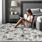 HQAYW 8x10 Fluffy Tie-Dyed Grey White Area Rugs for Living Room Bedroom, Large Ultra Soft Plush Shaggy Bedside Rug, Non-Slip and Machine Washable Carpet for Dorm Nursery Classroom Home Decor