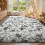 HQAYW 8x10 Fluffy Tie-Dyed Grey White Area Rugs for Living Room Bedroom, Large Ultra Soft Plush Shaggy Bedside Rug, Non-Slip and Machine Washable Carpet for Dorm Nursery Classroom Home Decor