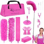 Microfiber Dusters for Cleaning, Feather Dusters with Extension Pole, Bendable & Washable Dusters for High Ceiling Fan, Blinds, Cars, Furniture, Cleaning Tools Kit Pink Gift for Women (15 PCS)