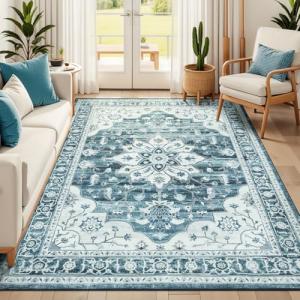 Vibrug 5x7 Area Rugs for Living Room, Blue Washable Rug for Bedroom Office Indoor, Vintage Boho Carpet, Soft Non-Slip Backing Low Pile Rug for Dining Room Kitchen Nursery