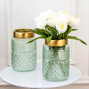 2-Pack Green Fluted Glass Vases with Gold Tops