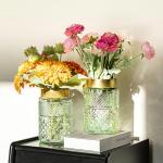 2-Pack Green Fluted Glass Vases with Gold Tops