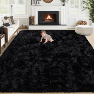 Large Soft Black Shag Rug for Living Room