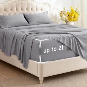 Bedsure Deep Pocket King Sheet Set - Fits Mattresses Up to 21 Inches Thick - 4 Piece GentleSoft Bed Sheets, Moisture Wicking, Soft & Cooling Bedsheet & Pillowcases, Easy & Secure Fit, Light Grey