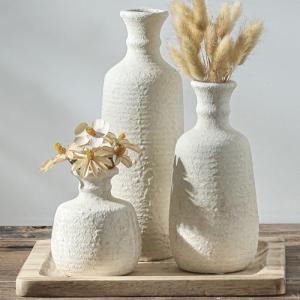 Set of 3 Rustic Whitewashed Ceramic Vases