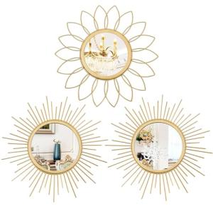 3 Pack Gold Sunburst Wall Mirrors for Home Decor