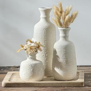 Set of 3 Rustic Whitewashed Ceramic Vases