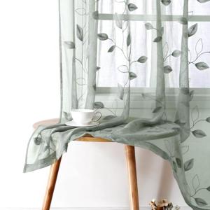 Sage Green Sheer Curtains with Leaf Pattern 2 Panels