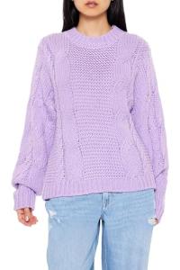 Purple Ribbed-Trim Cable Knit Sweater for Women