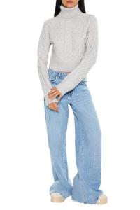 Cropped Cable Knit Turtleneck Sweater - Light Grey