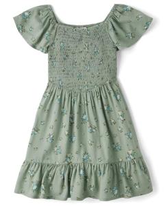Girls' Short Sleeve Floral Summer Dress, Olive