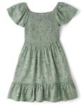 Girls' Short Sleeve Floral Summer Dress, Olive