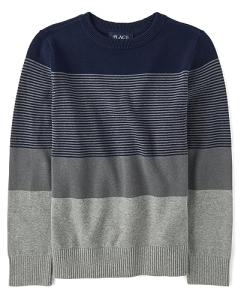 Boys' Grey Stripe Long Sleeve Sweater, Large