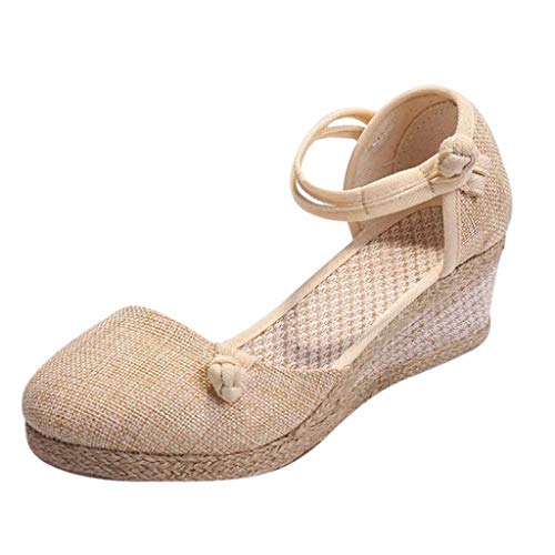 Beige Retro Buckle Strap Wedge Sandals for Women