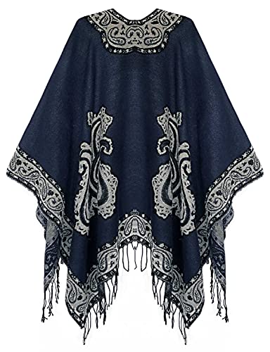 Retro-Inspired Women's Poncho with Fringes - Navy