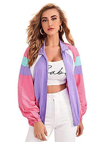 Purple Pink Color Block Lightweight Bomber Jacket