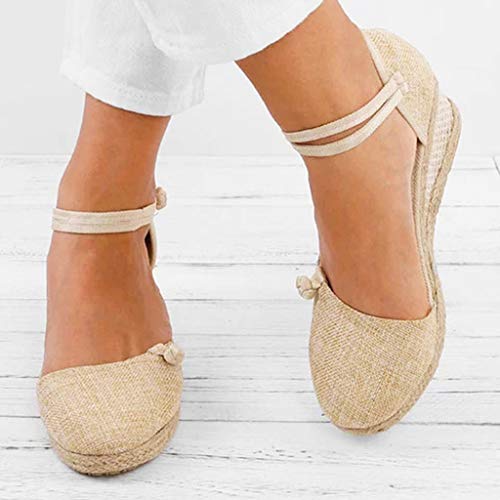 Beige Retro Buckle Strap Wedge Sandals for Women