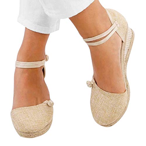 Beige Retro Buckle Strap Wedge Sandals for Women