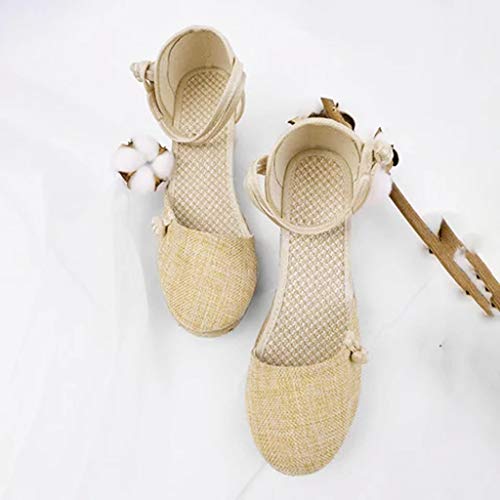 Beige Retro Buckle Strap Wedge Sandals for Women