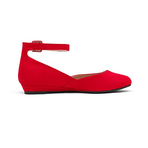 Vintage Red Suede Low Wedge Ankle Strap Flats - Size 9