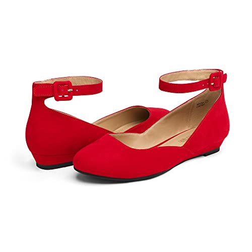 Vintage Red Suede Low Wedge Ankle Strap Flats - Size 9