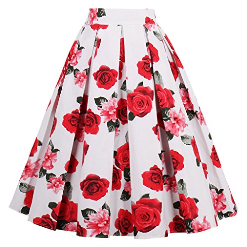 Women's Vintage White-Rose A-line Pleated Midi Skirt