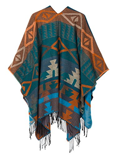 Urban CoCo Blue Printed Tassel Poncho Cardigan