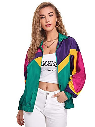 Verdusa Women's Colorblock Zip Up Long Sleeve Collar Windbreaker Jacket Coat Green Purple Yellow S