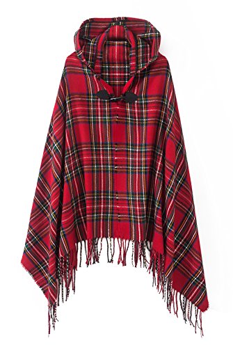 Red Vintage Plaid Tassel Poncho Shawl