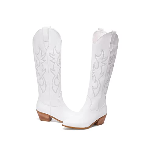 Women's Vintage White Embroidered Knee High Cowboy Boots