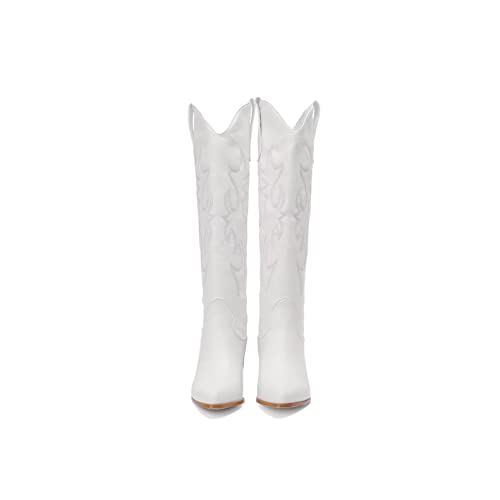 Women's Vintage White Embroidered Knee High Cowboy Boots