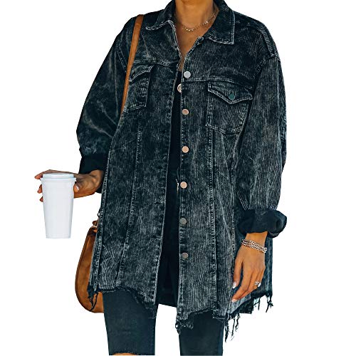 Hixiaohe Women's Oversized Corduroy Shacket (Black, S)