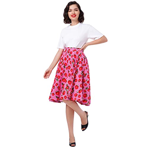 High Waisted Skirts for Women 1950s Strawberry Printed A Line Skirt Vintage Printed Midi Skirt 50s 60s Audrey Rockabilly Party Flare Skirt Retro Prom Knee Length Skirts Pink Berrry Large