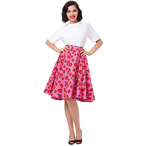 High Waisted Skirts for Women 1950s Strawberry Printed A Line Skirt Vintage Printed Midi Skirt 50s 60s Audrey Rockabilly Party Flare Skirt Retro Prom Knee Length Skirts Pink Berrry Large