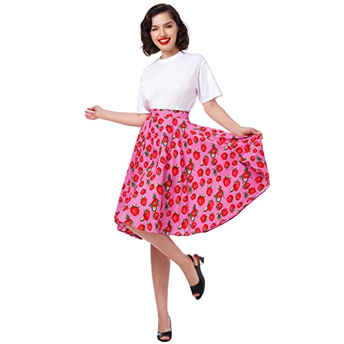 High Waisted Skirts for Women 1950s Strawberry Printed A Line Skirt Vintage Printed Midi Skirt 50s 60s Audrey Rockabilly Party Flare Skirt Retro Prom Knee Length Skirts Pink Berrry Large