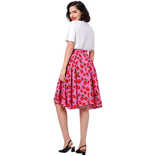 High Waisted Skirts for Women 1950s Strawberry Printed A Line Skirt Vintage Printed Midi Skirt 50s 60s Audrey Rockabilly Party Flare Skirt Retro Prom Knee Length Skirts Pink Berrry Large