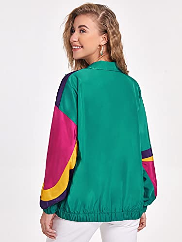Verdusa Women's Colorblock Zip Up Long Sleeve Collar Windbreaker Jacket Coat Green Purple Yellow S